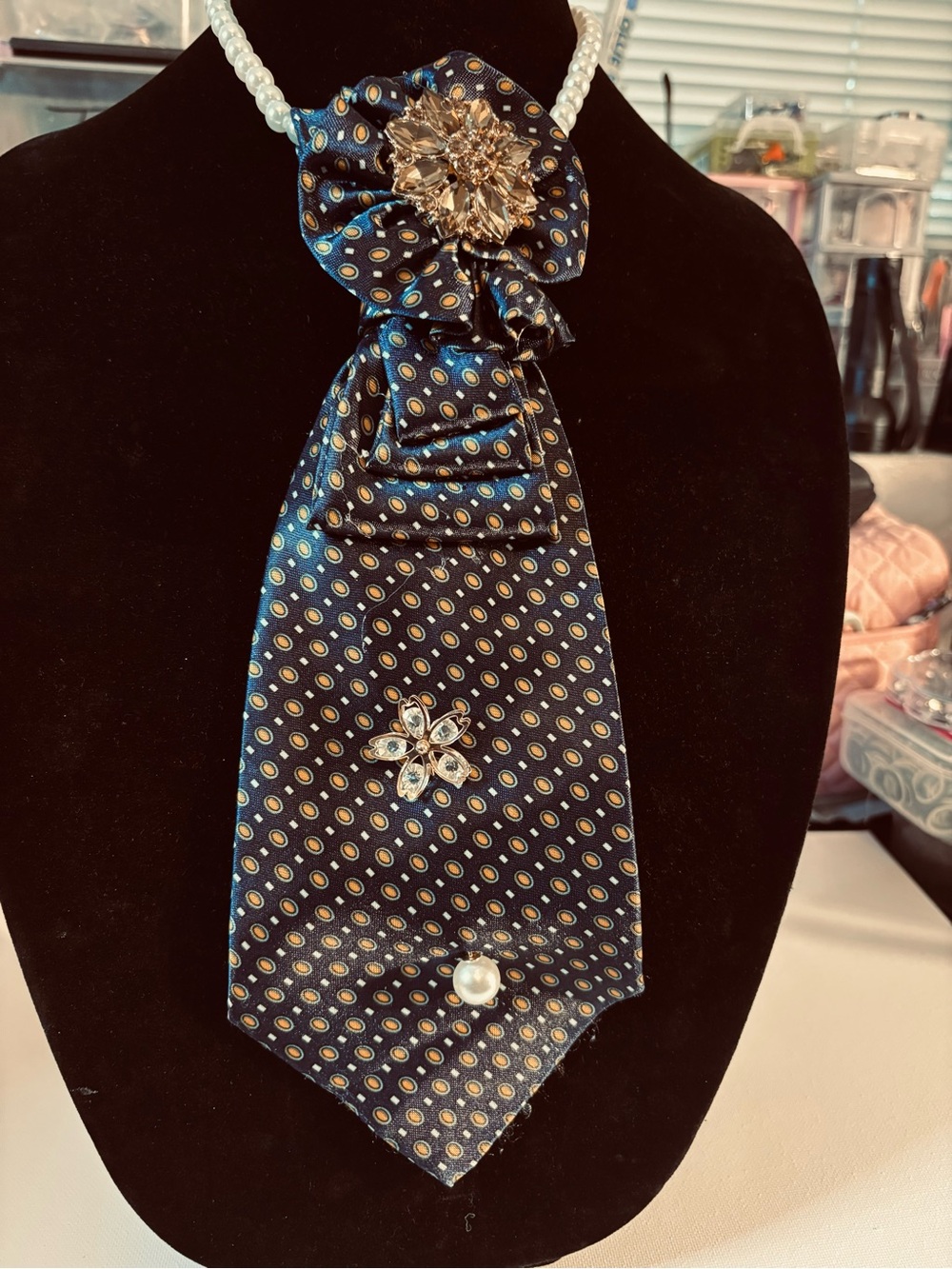 Elegant Navy Blue Satin Statement Neck Scarf with Gold Accents